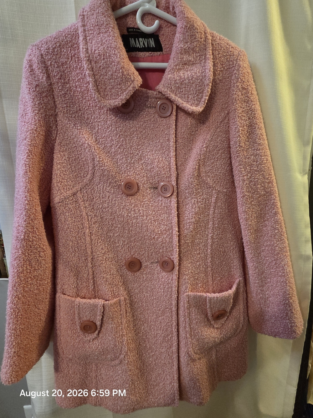 Marvin Richards Pink Double-Breasted Bouclé Pea Coat